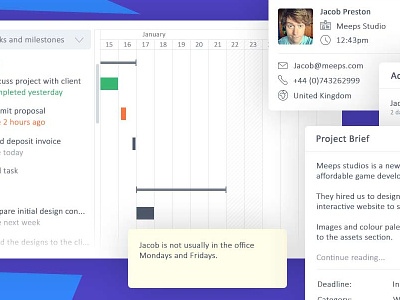 Plutio Projects brief clean client profile colorful crm gantt chart modern plutio projects simple tasks timeline