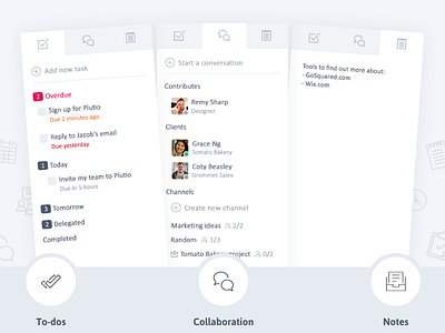 Plutio Sidebar app chat clean collaboration flat interface mockup modern notes productivity sidebar tasks