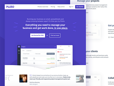 Plutio landing page app crm cta header hero home landing plutio projects purple reviews saas