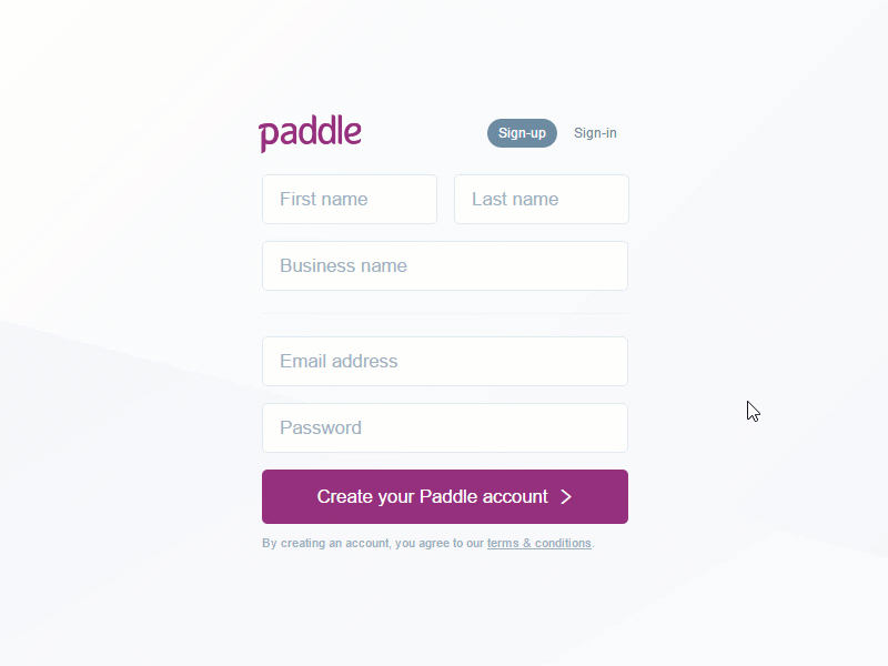Paddle Signup Page account create fields flat form modern signin signup