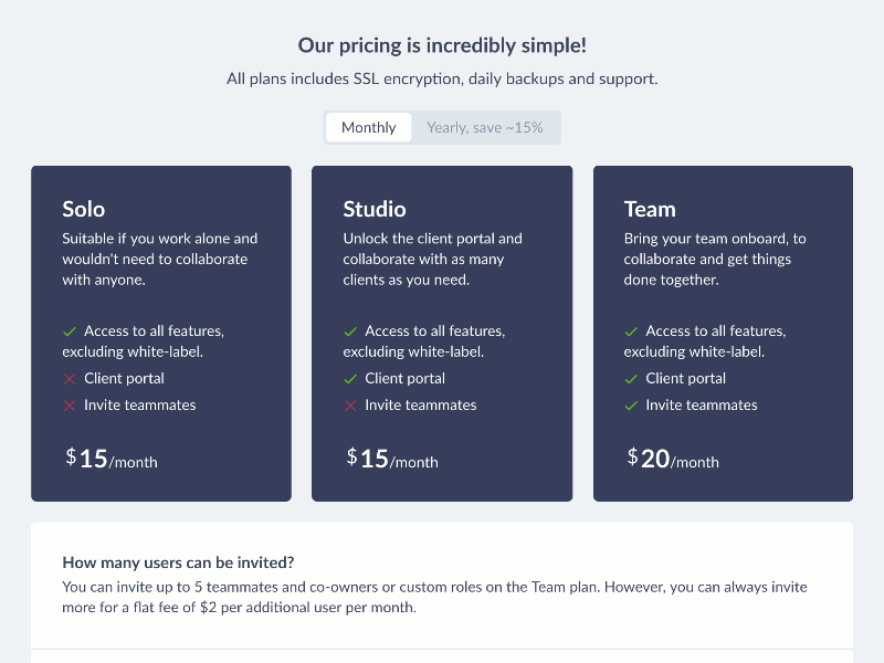 Pricing page in dark theme