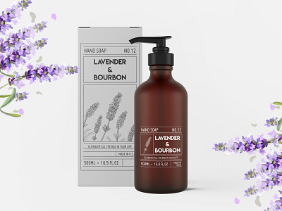 Lavender and Bourbon hand soap bottle bourbon box design branding clean design dribbbleweeklywarmup flowers graphic graphic design hand soap lavender package design product design soap typography warmup wash your hands weekly warm up