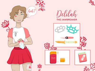 Delilah - The Jawbreaker blood brass knuckles character character design characterdesign design flowers graphic illustration illustrator jawbreaker knife original art original character pink vector vector art