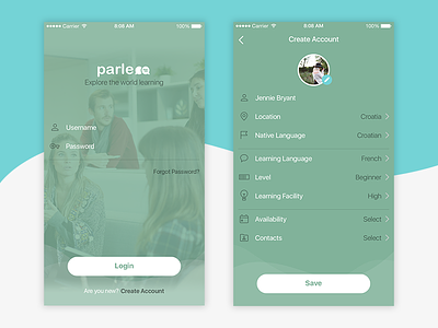 Parleoo account app flat interface ios language learn login ui ux