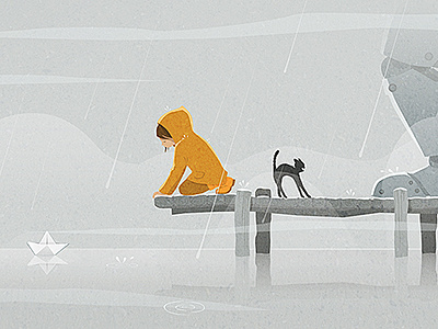 Paper Sail cat girl illustration illustrator lake paper sail photoshop rain rain coat robot vector water