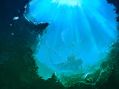 Big blue atmosphere big blue boat deep water digital art dirclumsy illustration peter nagy photoshop sea underwater volumetric bright