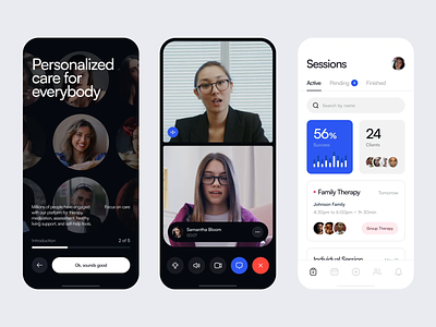 Therapy & Counseling app – Video Calls animation app call counseling dashboard interface meeting mental health mobile app motion onboarding product psychology schedule therapy ui video video call voice zoom