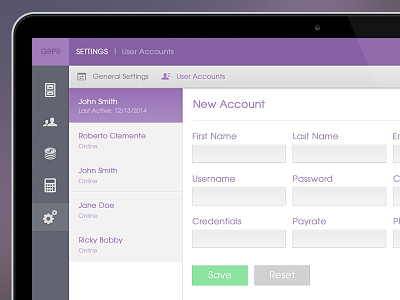 GRPR app dashboard grey list nav purple settings ui