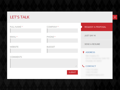 Let's Talk address chat contact form icons list pattern popup red request talk white