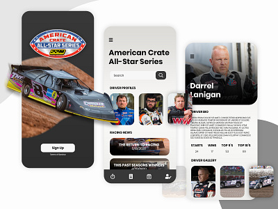 Racing App Visual Exploration clean clean design clean ui clean ui design dirt track tracing mobile app mobile app design mobile application mobile apps mobile ui news profiles racing series app ui