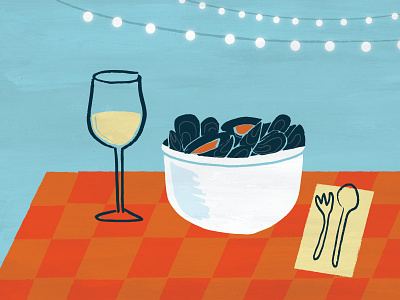 Mussels for dinner dining food illustration mussels wine