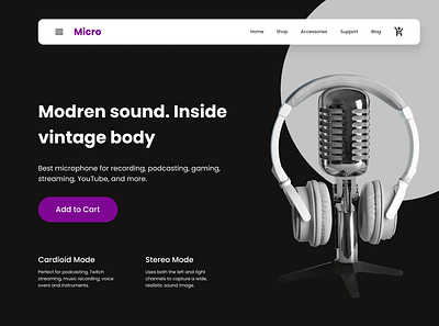 Website landing page for a microphone company. on Dark Theme. design figma ui webpage