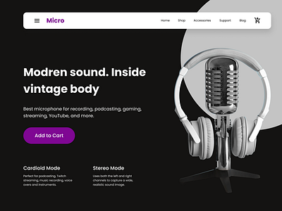 Website landing page for a microphone company. on Dark Theme.