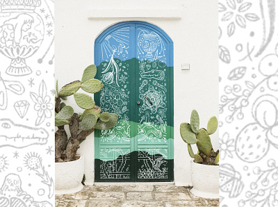 Doors drawing illustration mural