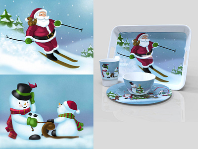 This was a holiday collection sold to Regent christmas dinnerware hats painted painter santa ski snow snowman winter