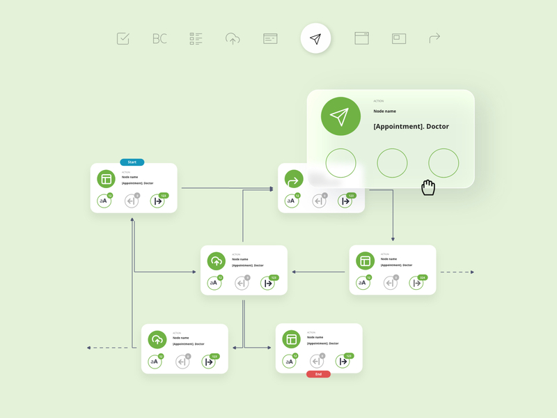 Flow diagram for chatbot and process automation app bot chatbot connection connections dashboard data diagram drag drop editor flow group learning machine ml nodes real time ui user