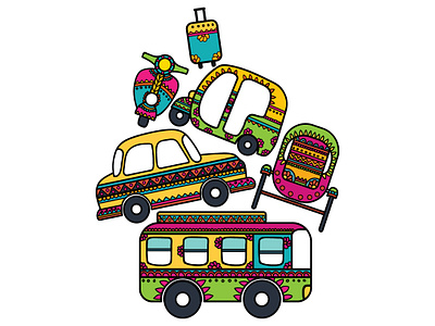 Travel on Your Mind? colourful concept art creative design illustration indian vehicles pattern art transport travel travelling vector vehicle art vehicle design