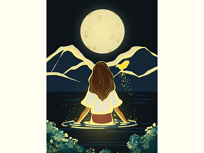 Discovery dark fantasy girl illustration glowing illustration magical bird magical pond moonlight night storytelling