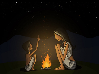 Story-telling child digital art digital painting fire mother mother and son nature night sky photoshop stars storytelling