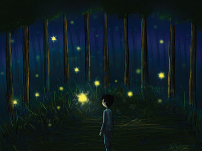 Dreaming boy boy character concept art dark theme digital art dreaming forest glowing magical night photoshop