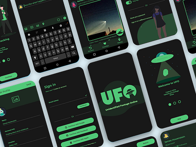 UFO : Unidentified Footage Online Mobile App Design alien aliens application conspiracy feed green login mobile app mobile app design mobile application mobile ui onboarding poster reptilian signup space ufo ux uxui