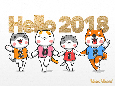 2018 Is Coming 2018 cat comic cute dog year illustration kitty new year puppy shiba yomiyocai
