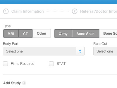 Web App - study type selection add app application blue checkbox claim dropdown gray medical progress selection steps toggle web