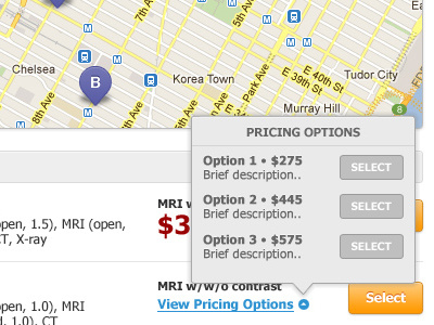 Web App - provider search and results (revised) app application claim gray map marker medical orange purple select tooltip web