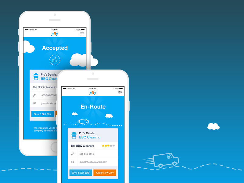 Jiffy is on its way! progress home service order service clouds truck route accepted ux ui app jiffy