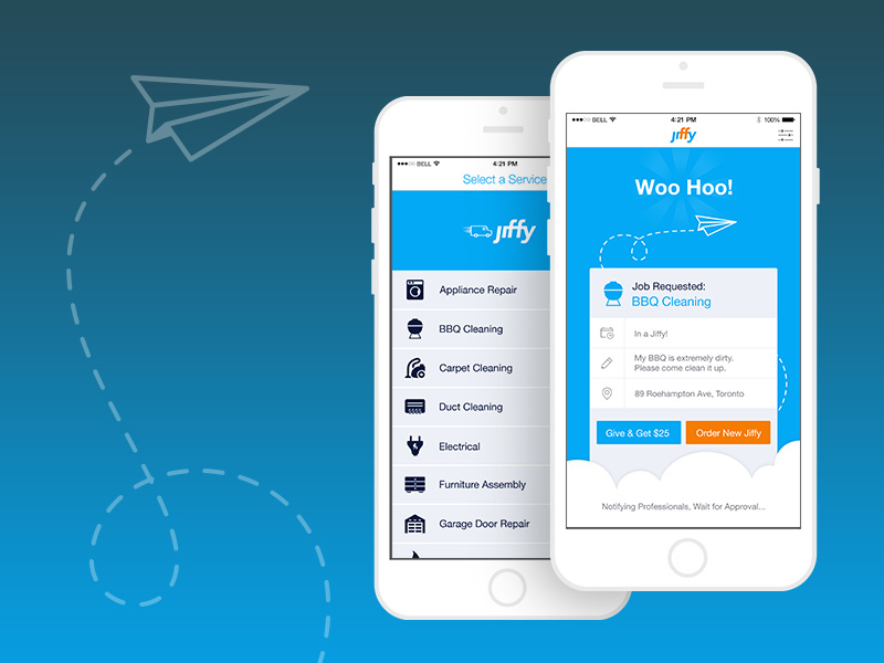 WooHoo Get your Jiffy! cloud home service icons order paper plane list services web ux ui app jiffy
