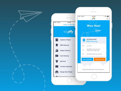 WooHoo Get your Jiffy! app cloud home service icons jiffy list order paper plane services ui ux web