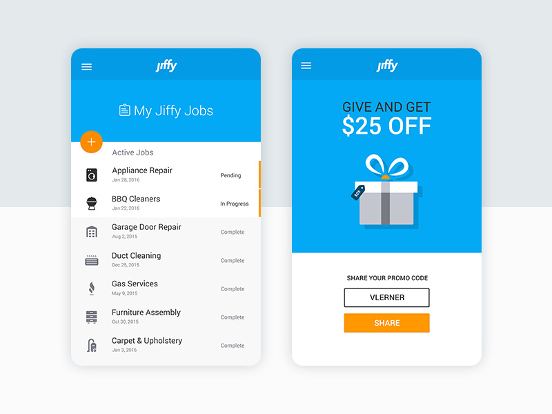 Get a Jiffy! card material icon ios android share gift list service ux ui app