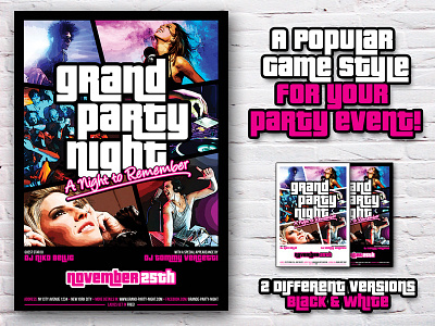 Grand Party Night Flyer - GTA Style event flyer grand theft auto gta night party poster template vice city