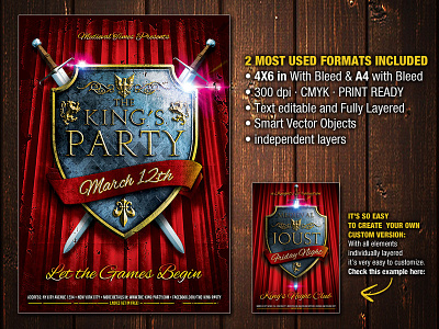 The King's Party Flyer king knight knights medieval ornaments party realistic shield shields sword swords war