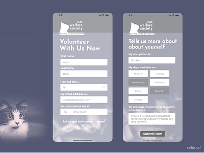 Cat Welfare Society Volunteer Sign Up Form #DailyUI 01 app cat cat welfare society cats dailyui dailyui 001 design mobile sign up signup ui ui design uidesign uiux volunteer volunteering