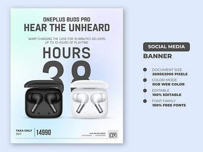 Oneplus Buds Pro Social Media Banner Templates banner banners branding design earphone flyer flyer flyer templates illustration oneplus oneplus buds pro social social media banner typography