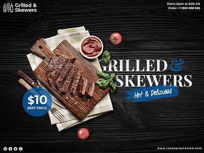 Grilled and skewers restaurant banner template Free Psd delicious culinary tasty meal special menu sale template restaurant fast foodmeat eat steak fast snack