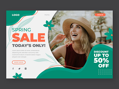 Spring sale happy girl landing page with photo template