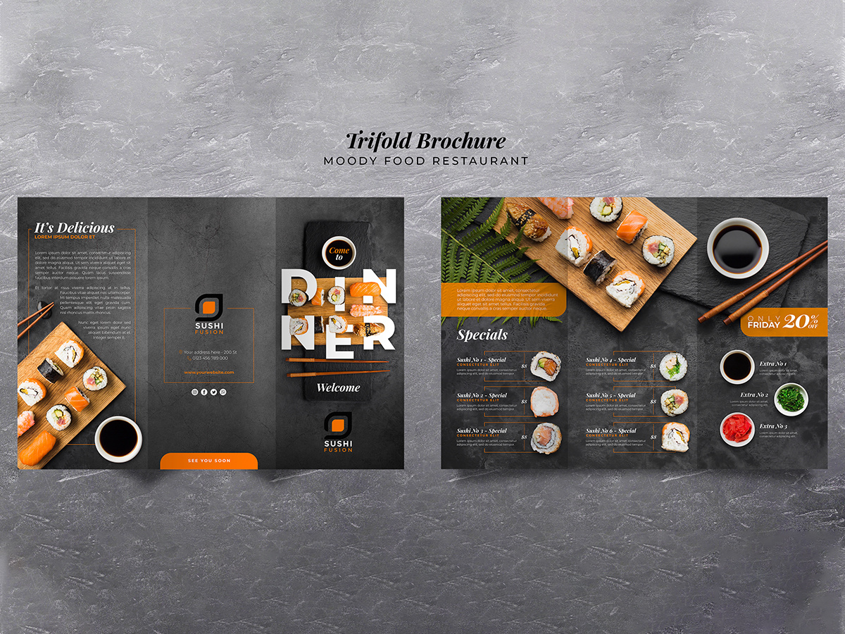 Moody food restaurant trifold brochure by FENIL SURANI on Dribbble