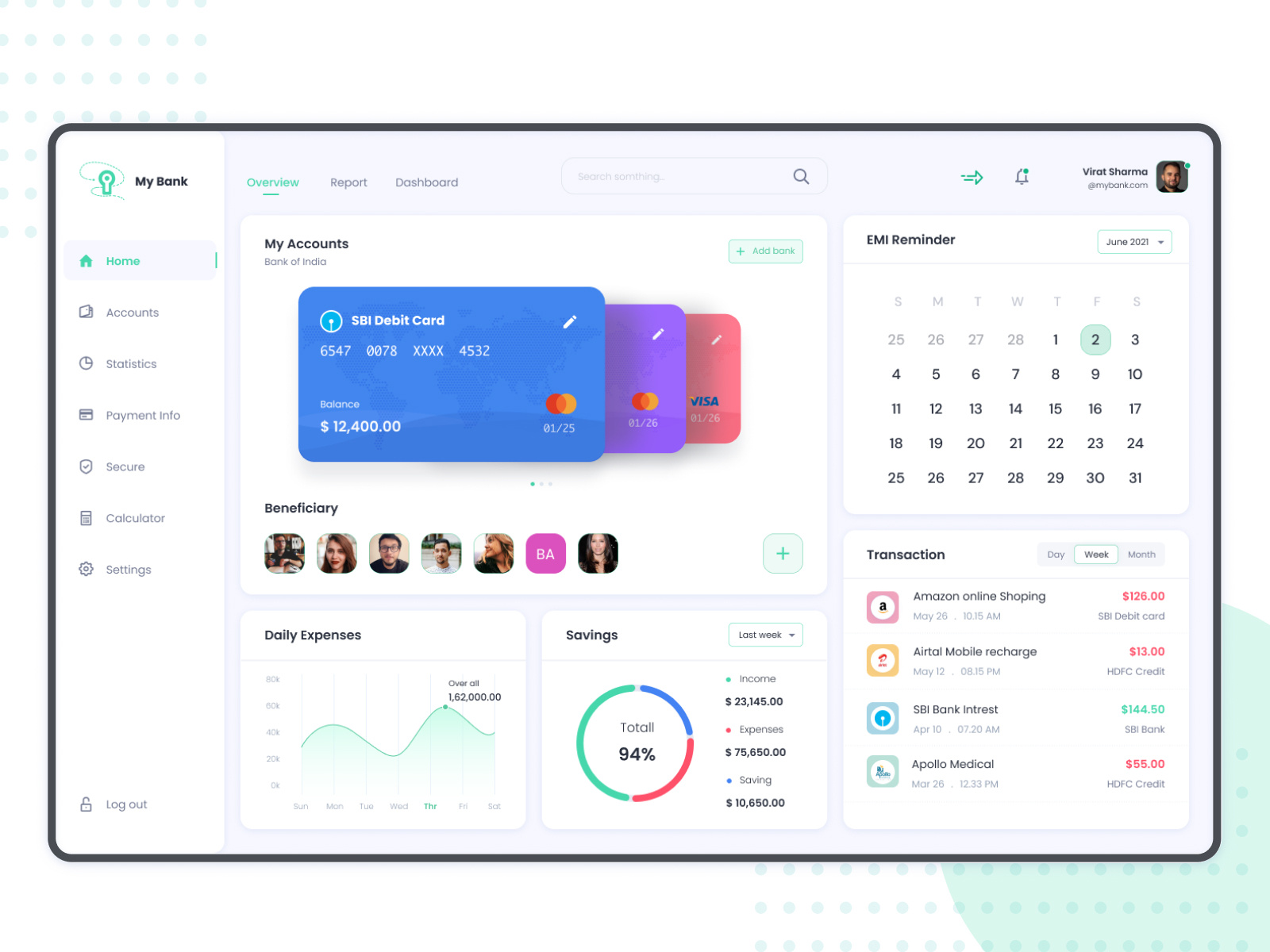 Bank App Dashboard UI by Balamurugan E on Dribbble