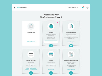 ZenBusiness Dashboard - Products dashboard domains insurance teal ui ux zenbusiness