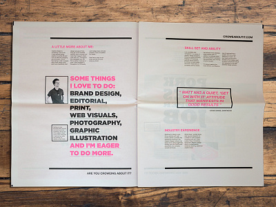 Self Promotion Newspaper Inside Spread bold crowe about it inside spread newspaper pink self promotion typographic