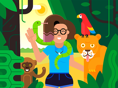 WIP: Jungle = Fun animals explainer flat girl illustration jungle monkey parrot snake sun tiger