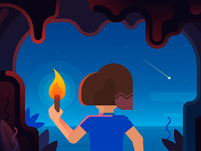 Cave animation character explainer flame flat gradients illustration woman