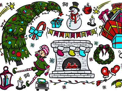Christmas doodle colored set christmas icon illustration new year vector