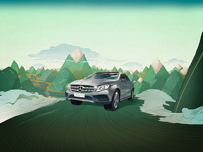 Nicolas Castell - Mercedes China advertisement artistique international car green illustration landscape mercedes mountains