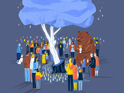 #IQArtist Oyemathias artistique international bear blue crowd diverse earth day editorial illustration nature people tree