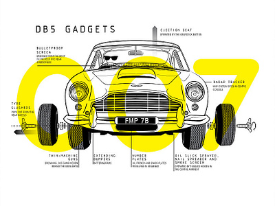 DB5 MockUp 007 artistique international aston martin car diagram editorial illustration infographic james bond lineart vehicle yellow