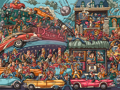 The Drive In - Victor Beuren activity artistique international cars characters illustration people search and find