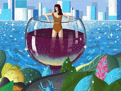 Great Escape - Teddy Kang artistique international blue character city editorial illustration nature water wine woman